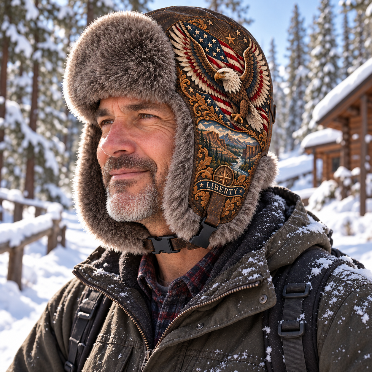 A man wearing the Wings of Liberty plush-lined trapper hat with the earflaps down and chin buckle fastened on a snowy woodland outing