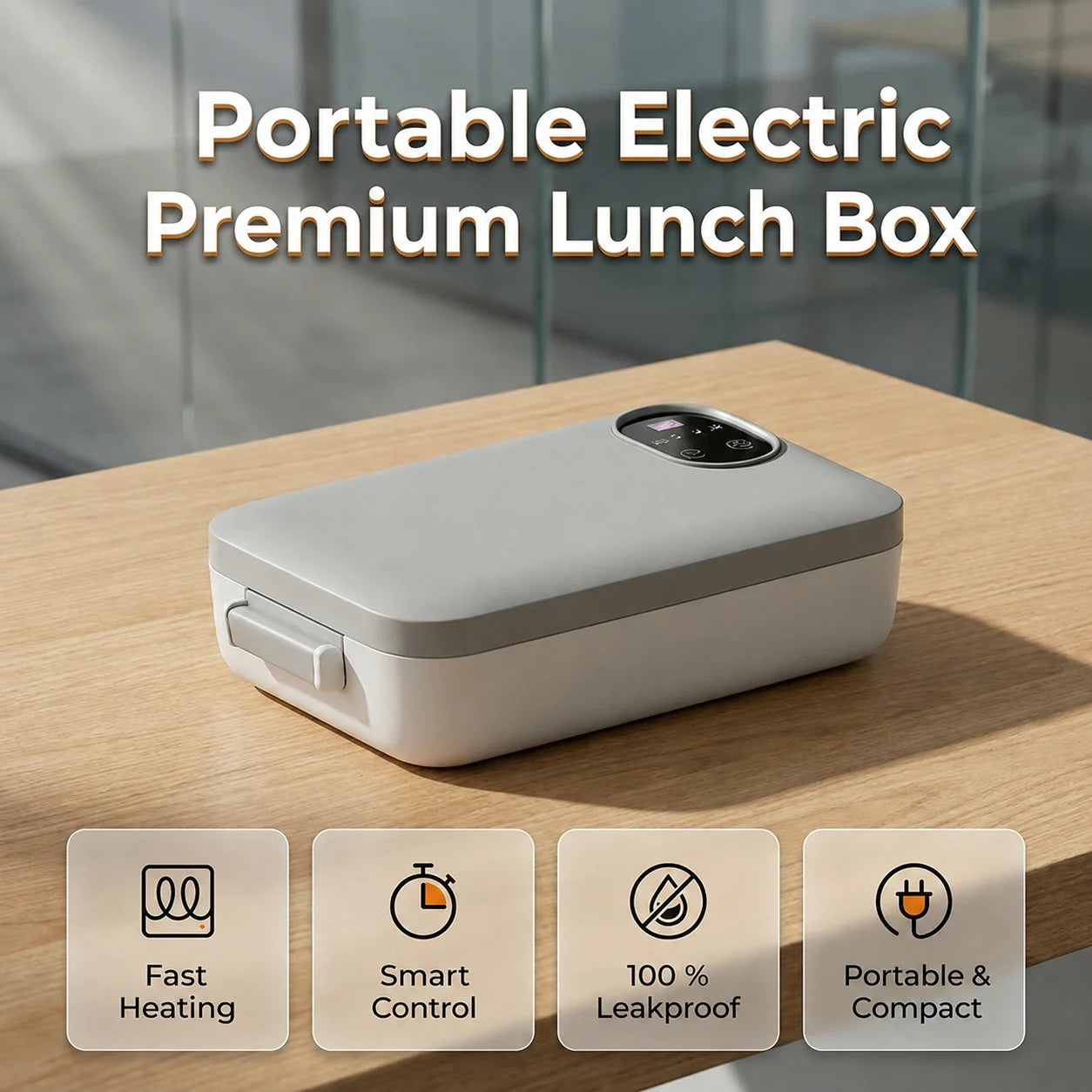 Rechargeable cordless heated lunch box on a table