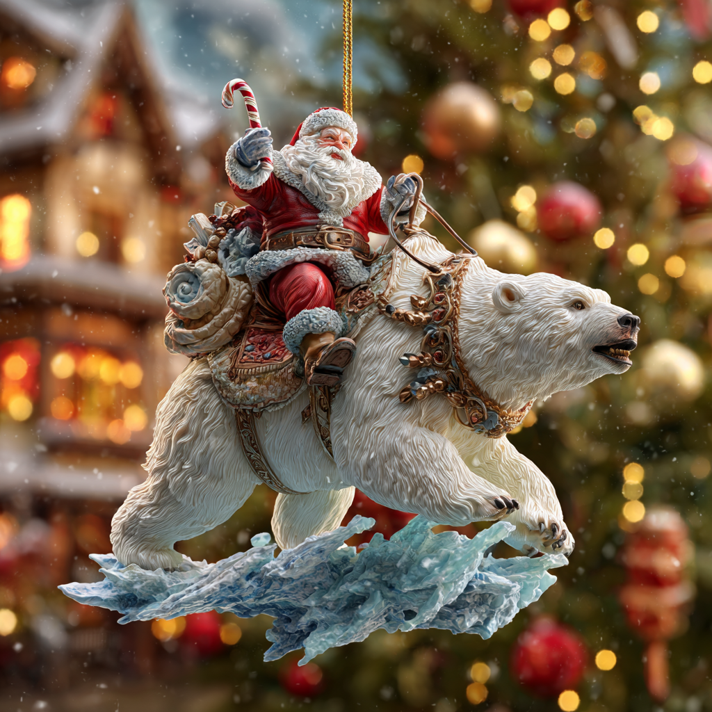 🎅🐻 “Santa Riding Polar Bear” Christmas Ornament