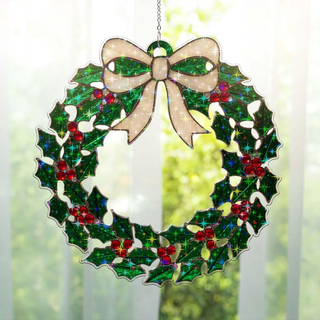 Handcrafted Holly Stained-Glass Wreath Ornament 🎀✨🌿