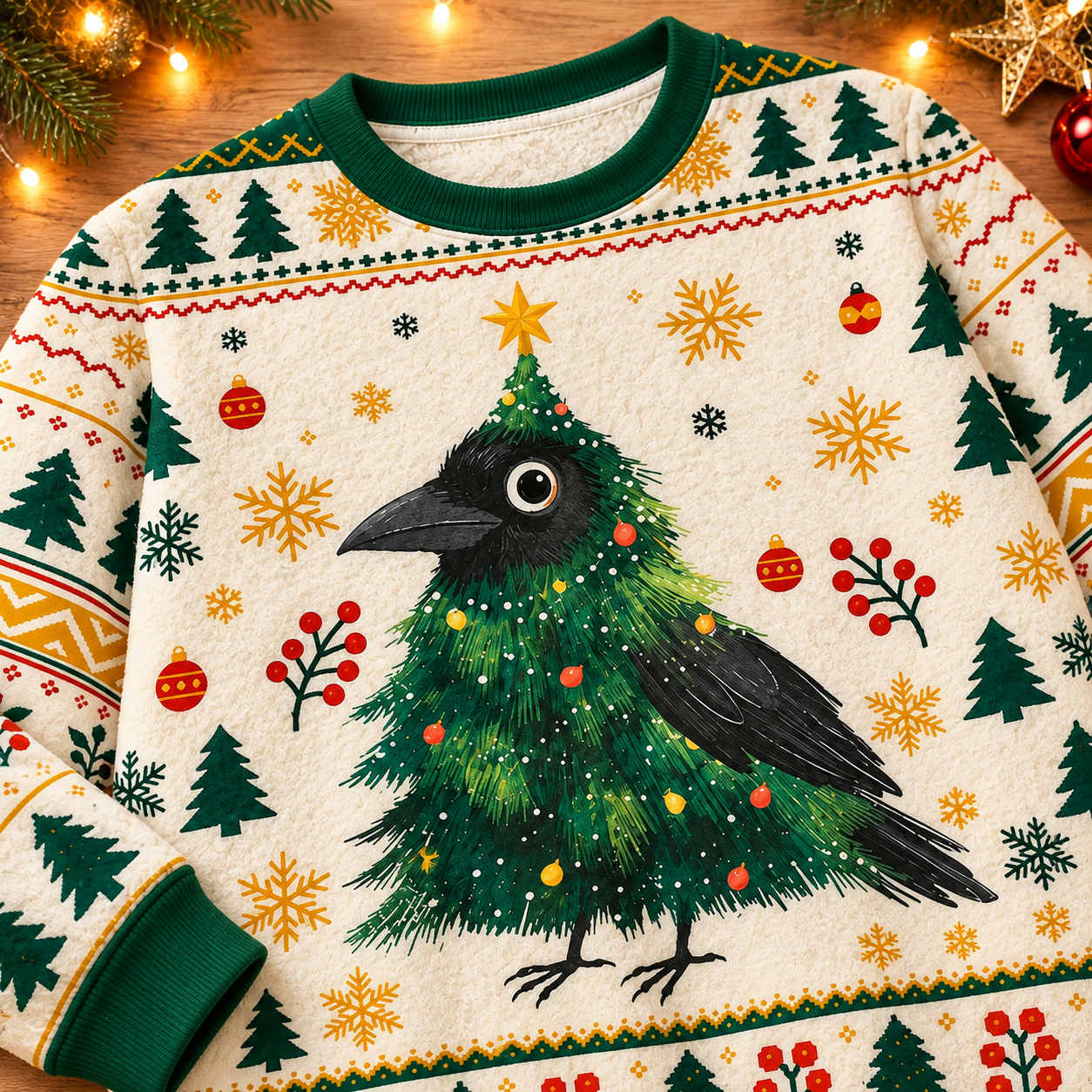 Close-up of green crew neckline, ivory fuzzy surface, gold snowflakes and the Christmas tree crow illustration
