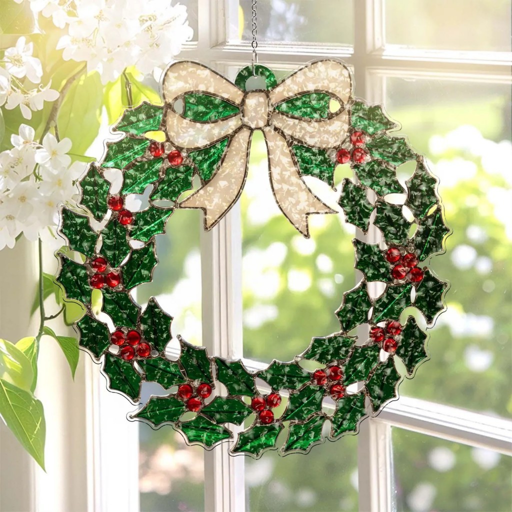 Handcrafted Holly Stained-Glass Wreath Ornament 🎀✨🌿