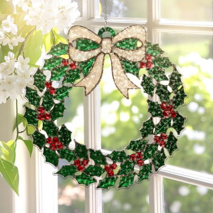 Handcrafted Holly Stained-Glass Wreath Ornament 🎀✨🌿