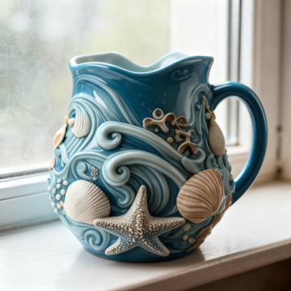 Ocean Wave Handcrafted Ceramic Mug – Beach-Inspired Mug with Starfish, Shells, and Waves Design