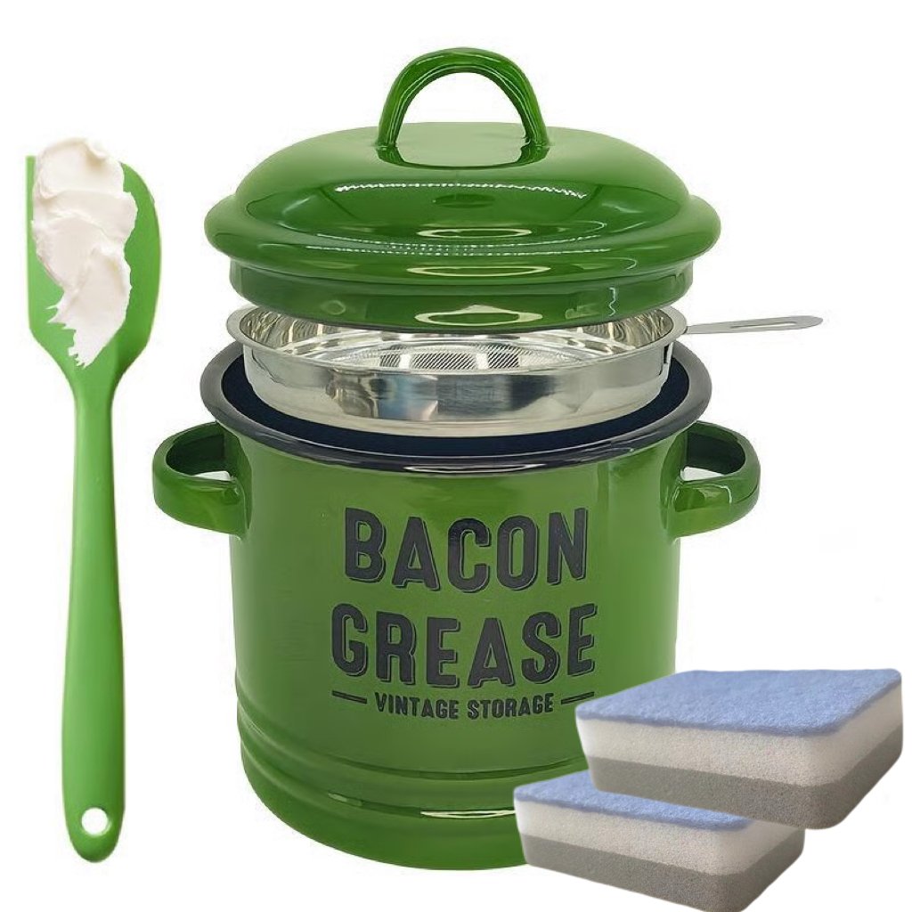 Bacon grease 6pc set 46 oz bacon grease container with strainer and food-grade silicone spatula-Two sponges