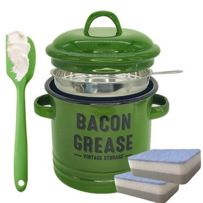 Bacon grease 6pc set 46 oz bacon grease container with strainer and food-grade silicone spatula-Two sponges