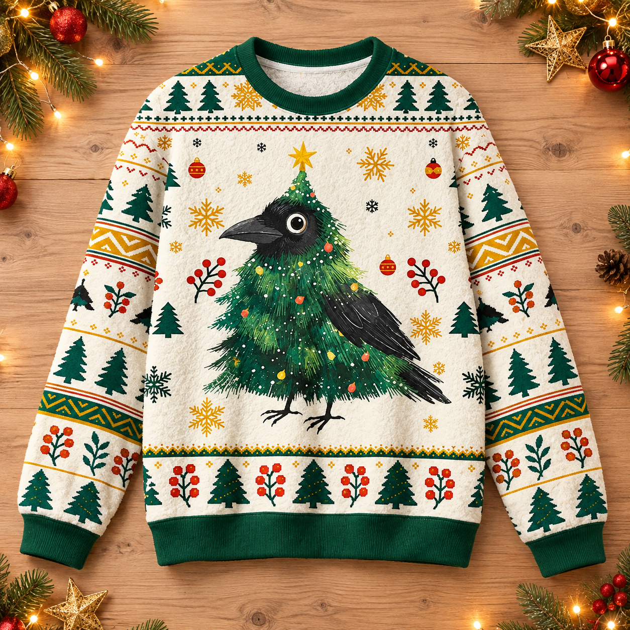 Cute Christmas Tree Crow Fuzzy Christmas Crewneck Sweatshirt