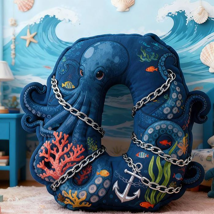 Personalized Ocean Letter Custom Name Soft Decorative Gift Underwater Sea Style Cozy Bedroom Blue Coral Octopus Anchor Fish Waves Marine Adventure Graphic 3D Print Pillow