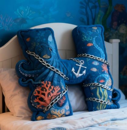Personalized Ocean Letter Custom Name Soft Decorative Gift Underwater Sea Style Cozy Bedroom Blue Coral Octopus Anchor Fish Waves Marine Adventure Graphic 3D Print Pillow