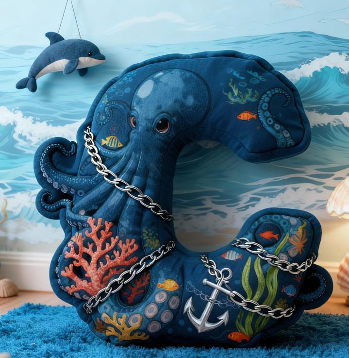 Personalized Ocean Letter Custom Name Soft Decorative Gift Underwater Sea Style Cozy Bedroom Blue Coral Octopus Anchor Fish Waves Marine Adventure Graphic 3D Print Pillow