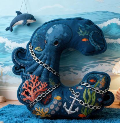 Personalized Ocean Letter Custom Name Soft Decorative Gift Underwater Sea Style Cozy Bedroom Blue Coral Octopus Anchor Fish Waves Marine Adventure Graphic 3D Print Pillow