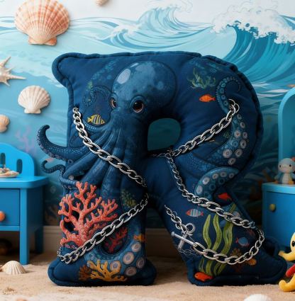 Personalized Ocean Letter Custom Name Soft Decorative Gift Underwater Sea Style Cozy Bedroom Blue Coral Octopus Anchor Fish Waves Marine Adventure Graphic 3D Print Pillow