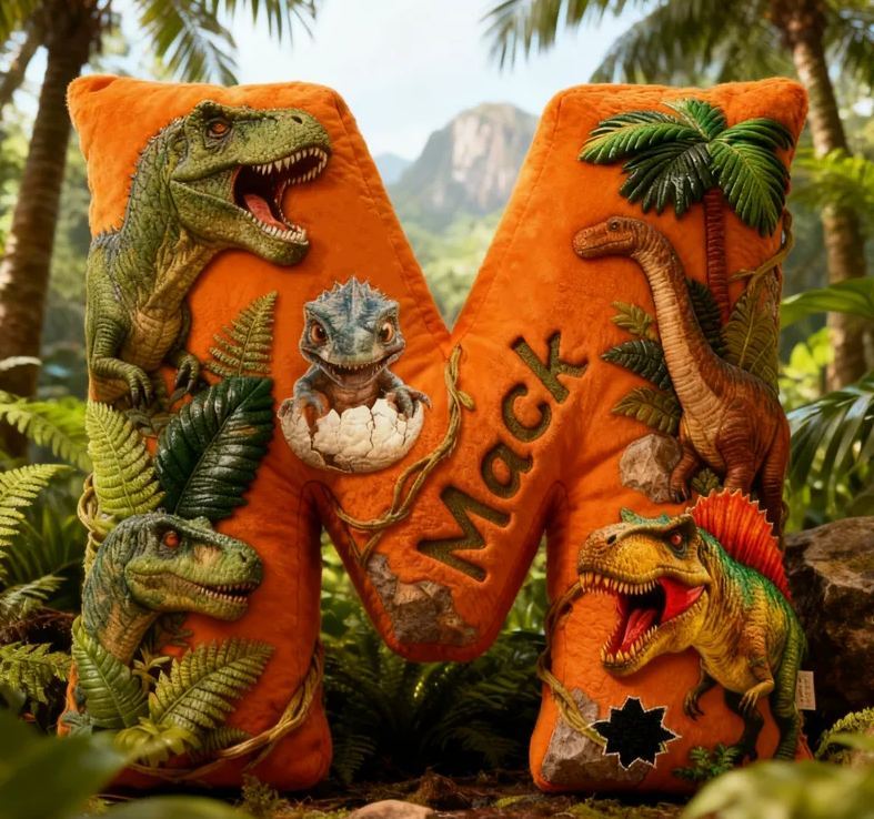 Personalized Dinosaur Forest World Initials with Name Graphic 3D Print Pillow Christmas Gift for Kids Birthday Gifts