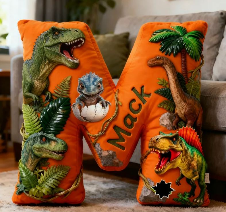 Personalized Dinosaur Forest World Initials with Name Graphic 3D Print Pillow Christmas Gift for Kids Birthday Gifts