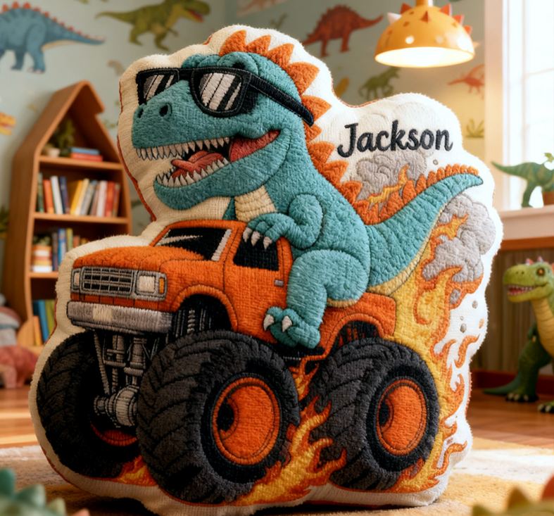 Personalized Cool Dinosaur Driving Monster Truck Custom Name Fun Boys Room Decoration Unique Adventure Style Plush  Graphic 3D Print Pillow