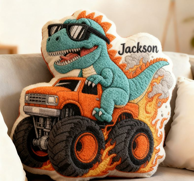 Personalized Cool Dinosaur Driving Monster Truck Custom Name Fun Boys Room Decoration Unique Adventure Style Plush  Graphic 3D Print Pillow