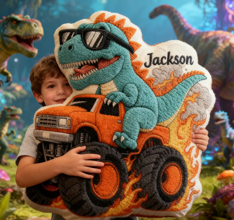 Personalized Cool Dinosaur Driving Monster Truck Custom Name Fun Boys Room Decoration Unique Adventure Style Plush  Graphic 3D Print Pillow