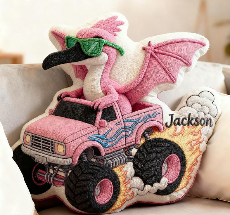 Personalized Cool Dinosaur Driving Monster Truck Custom Name Fun Boys Room Decoration Unique Adventure Style Plush  Graphic 3D Print Pillow