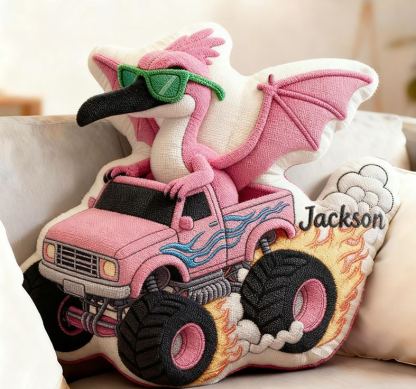 Personalized Cool Dinosaur Driving Monster Truck Custom Name Fun Boys Room Decoration Unique Adventure Style Plush  Graphic 3D Print Pillow