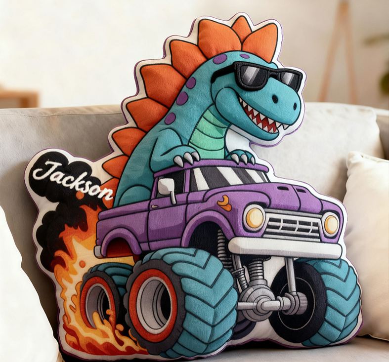 Personalized Cool Dinosaur Driving Monster Truck Custom Name Fun Boys Room Decoration Unique Adventure Style Plush  Graphic 3D Print Pillow