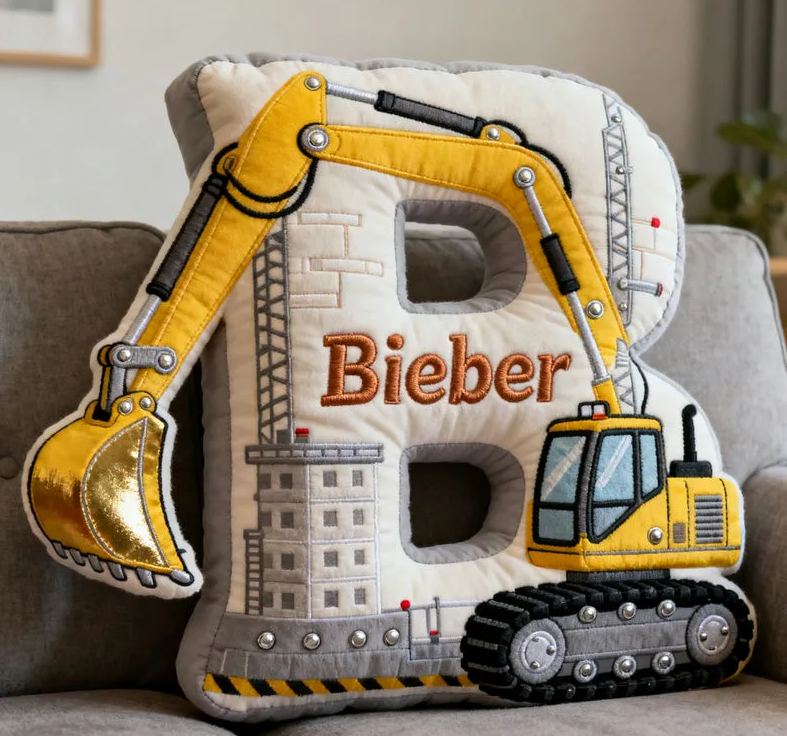 Personalized Excavator Theme Initial Name Graphic 3D Print Pillow Christmas Gift for Kids