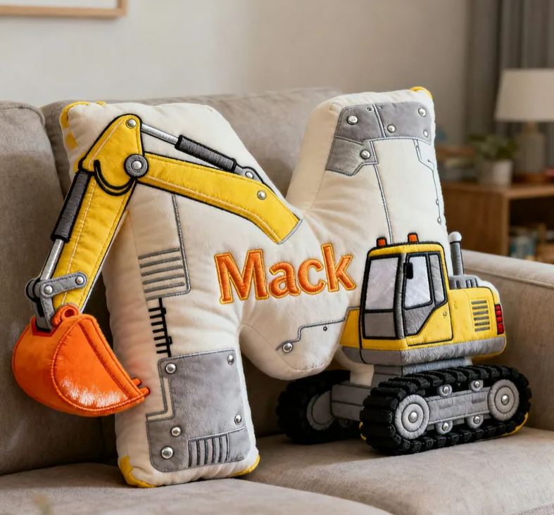 Personalized Excavator Theme Initial Name Graphic 3D Print Pillow Christmas Gift for Kids