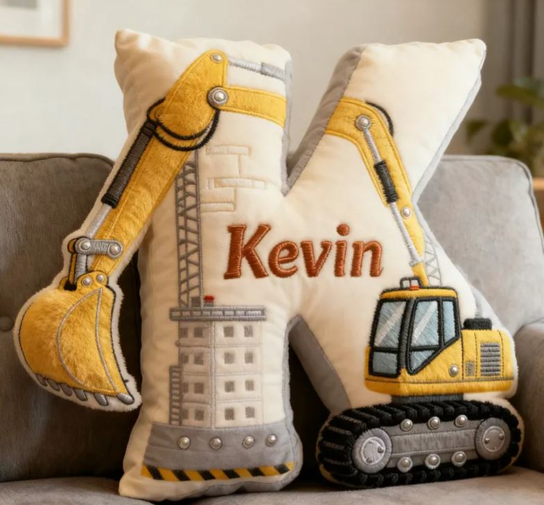 Personalized Excavator Theme Initial Name Graphic 3D Print Pillow Christmas Gift for Kids