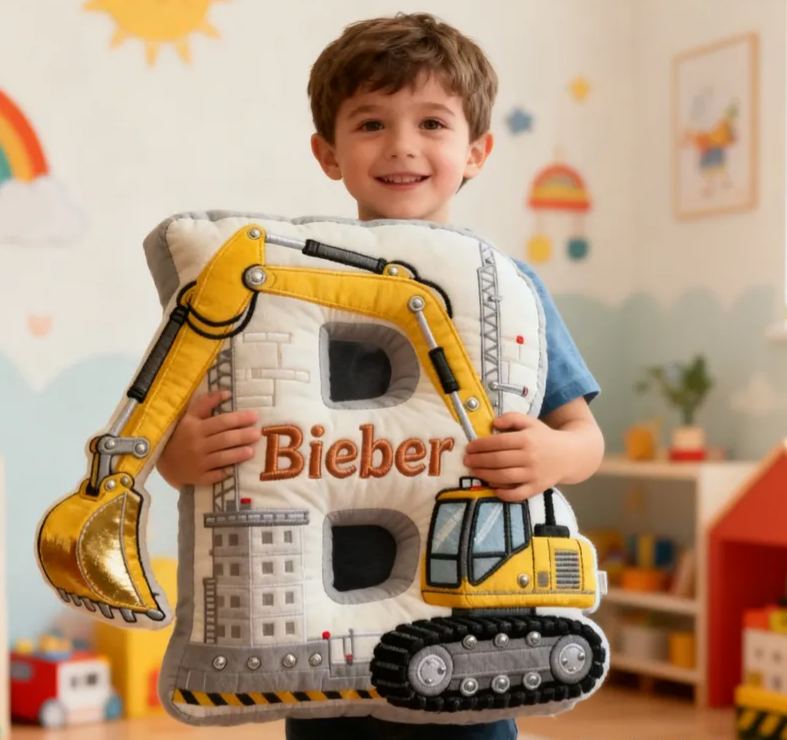 Personalized Excavator Theme Initial Name Graphic 3D Print Pillow Christmas Gift for Kids