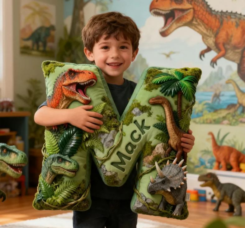 Personalized Dinosaur World Initial Graphic 3D Print  Pillow with Name Christmas Gift for Kids