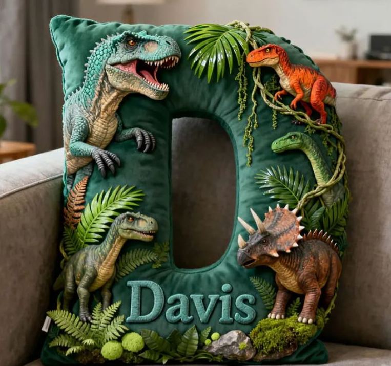 Personalized Dinosaur World Initial Graphic 3D Print  Pillow with Name Christmas Gift for Kids