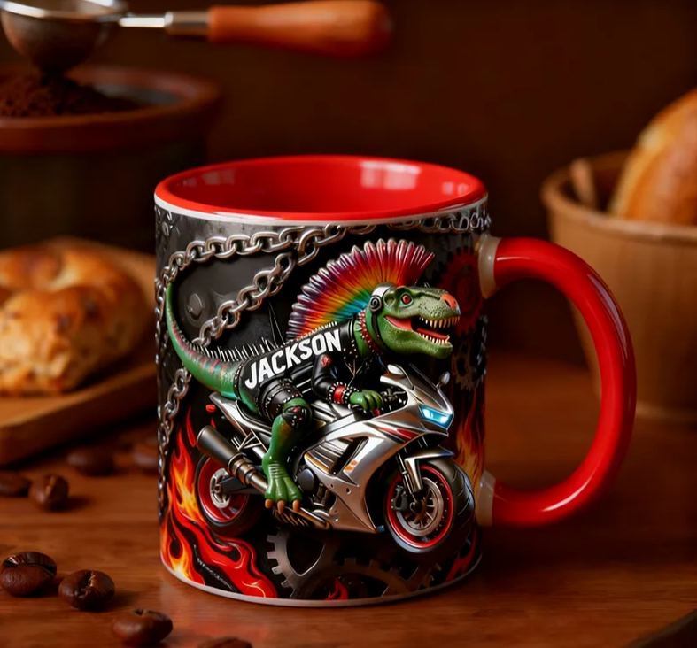 Personalized Dinosaur Motorcycle 3D Effect Mug Custom Name Bike Enthusiasts Gift