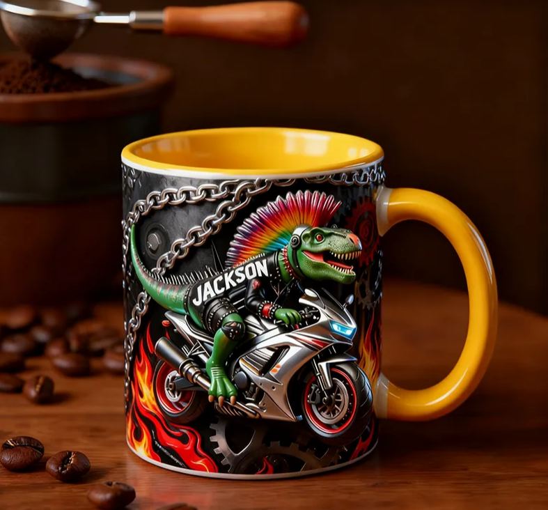 Personalized Dinosaur Motorcycle 3D Effect Mug Custom Name Bike Enthusiasts Gift
