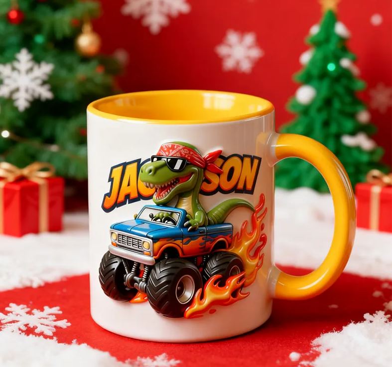 Personalized Dinosaur Motorcycle 3D Effect Mug Custom Name Bike Enthusiasts Gift