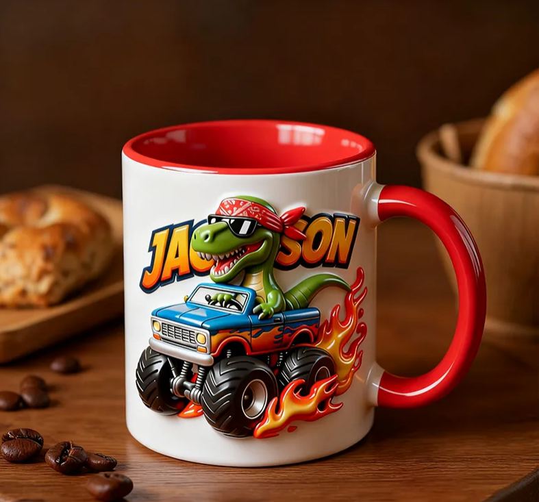 Personalized Dinosaur Motorcycle 3D Effect Mug Custom Name Bike Enthusiasts Gift
