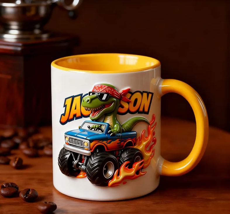 Personalized Dinosaur Motorcycle 3D Effect Mug Custom Name Bike Enthusiasts Gift