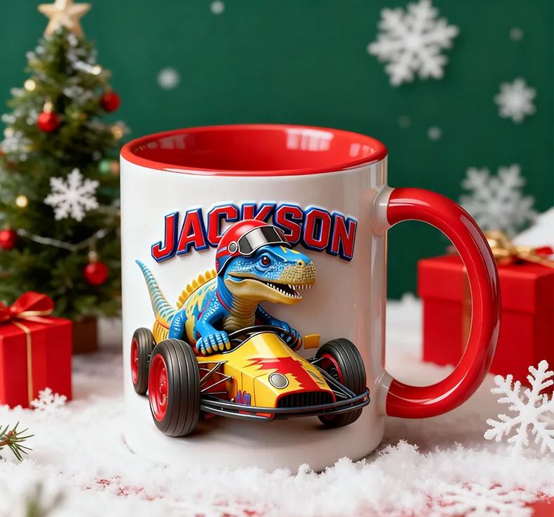Personalized Dinosaur Motorcycle 3D Effect Mug Custom Name Bike Enthusiasts Gift
