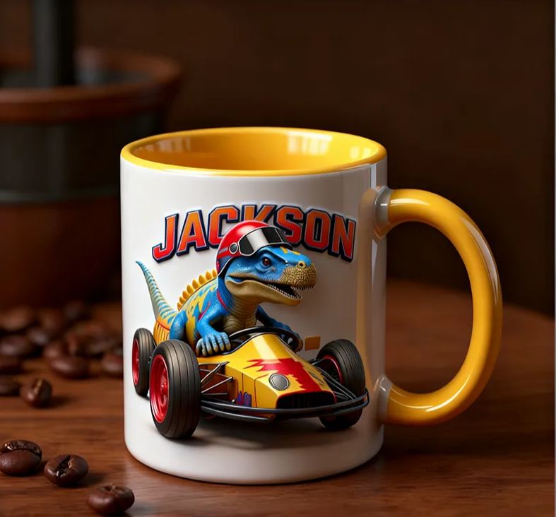 Personalized Dinosaur Motorcycle 3D Effect Mug Custom Name Bike Enthusiasts Gift