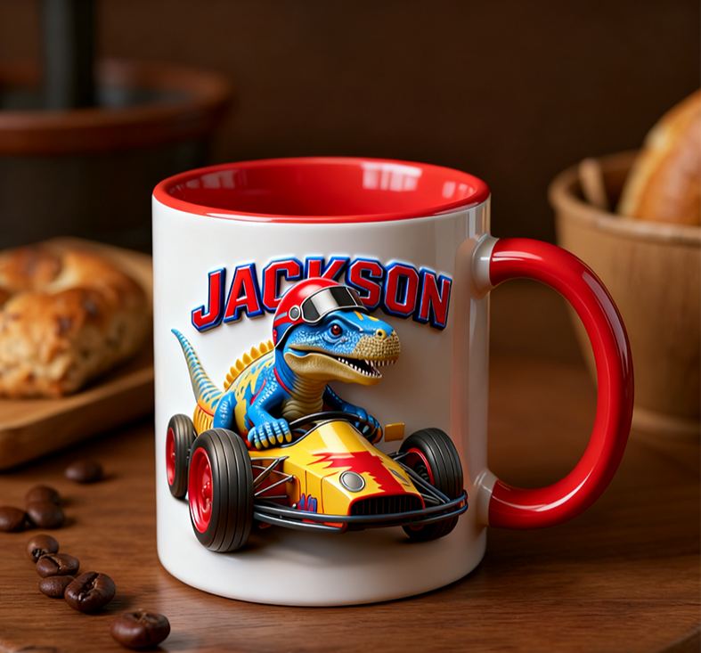 Personalized Dinosaur Motorcycle 3D Effect Mug Custom Name Bike Enthusiasts Gift