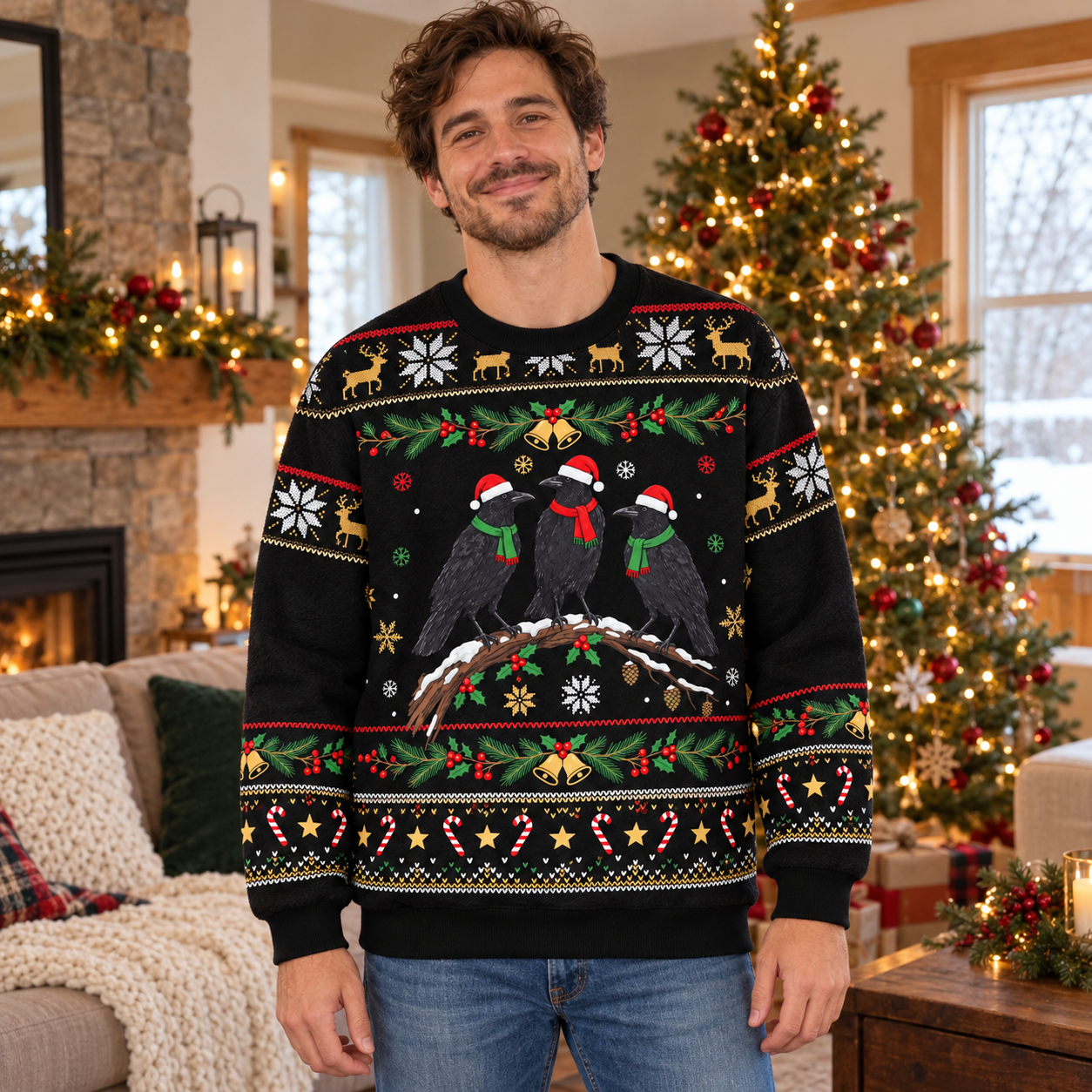 A man wearing the black three-crow Christmas crewneck with jeans in a cozy festive living room