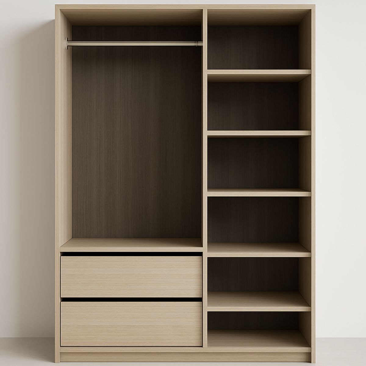 Kleiderschrank Einbauschrank Holz hellbraun mit Regalböden und Schubladen 200cm x 150cm x 60cm