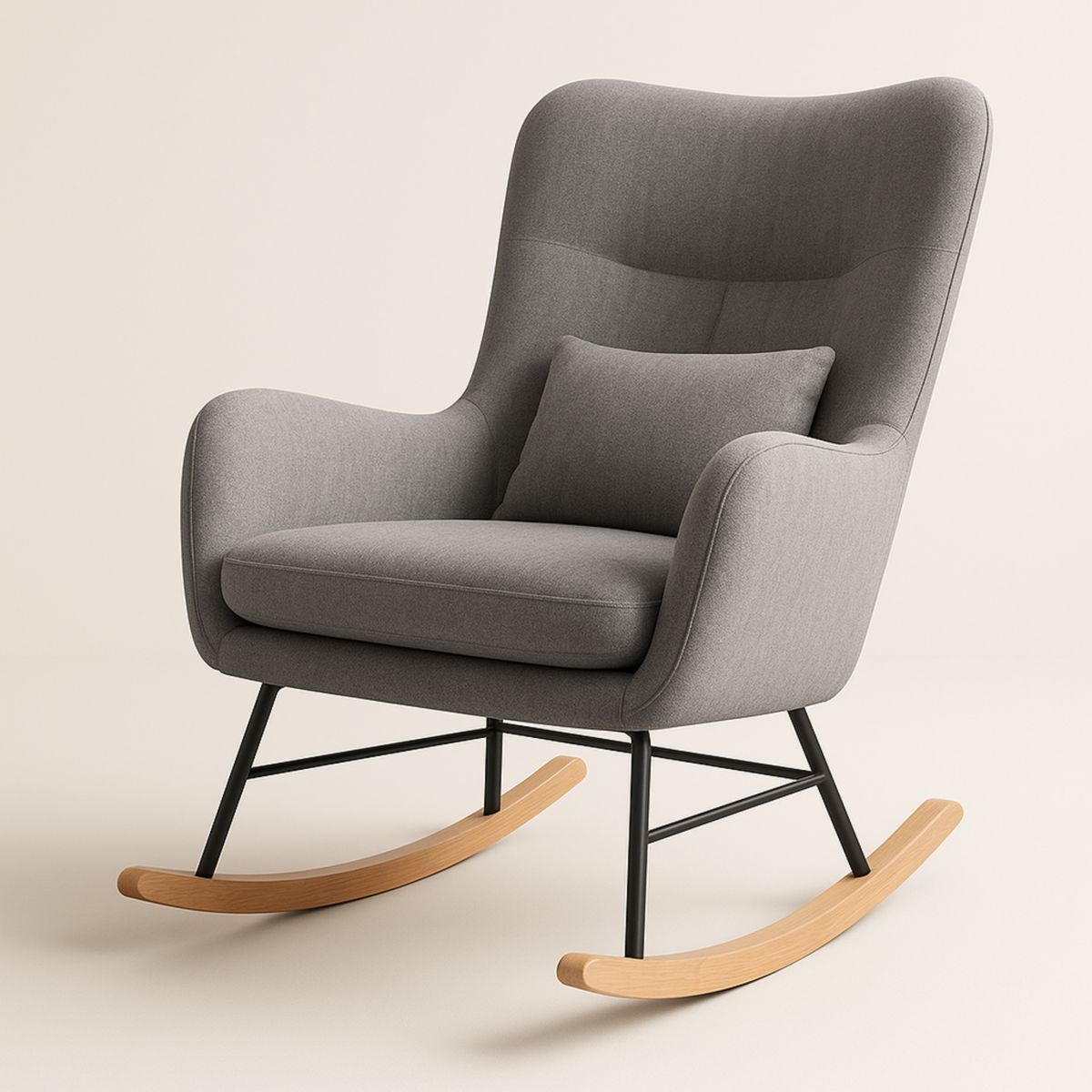 Grauer Schaukelstuhl Stoffpolster Metallgestell Holzfüße 110cm Höhe