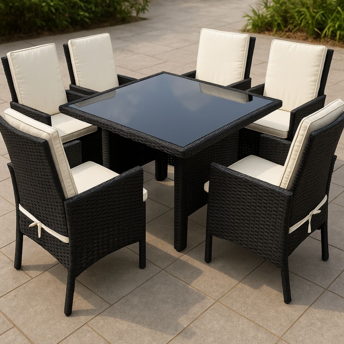 Gartenmöbel-Set aus Polyrattan mit gehärtetem Glas und 6 Stühlen Creme/Schwarz