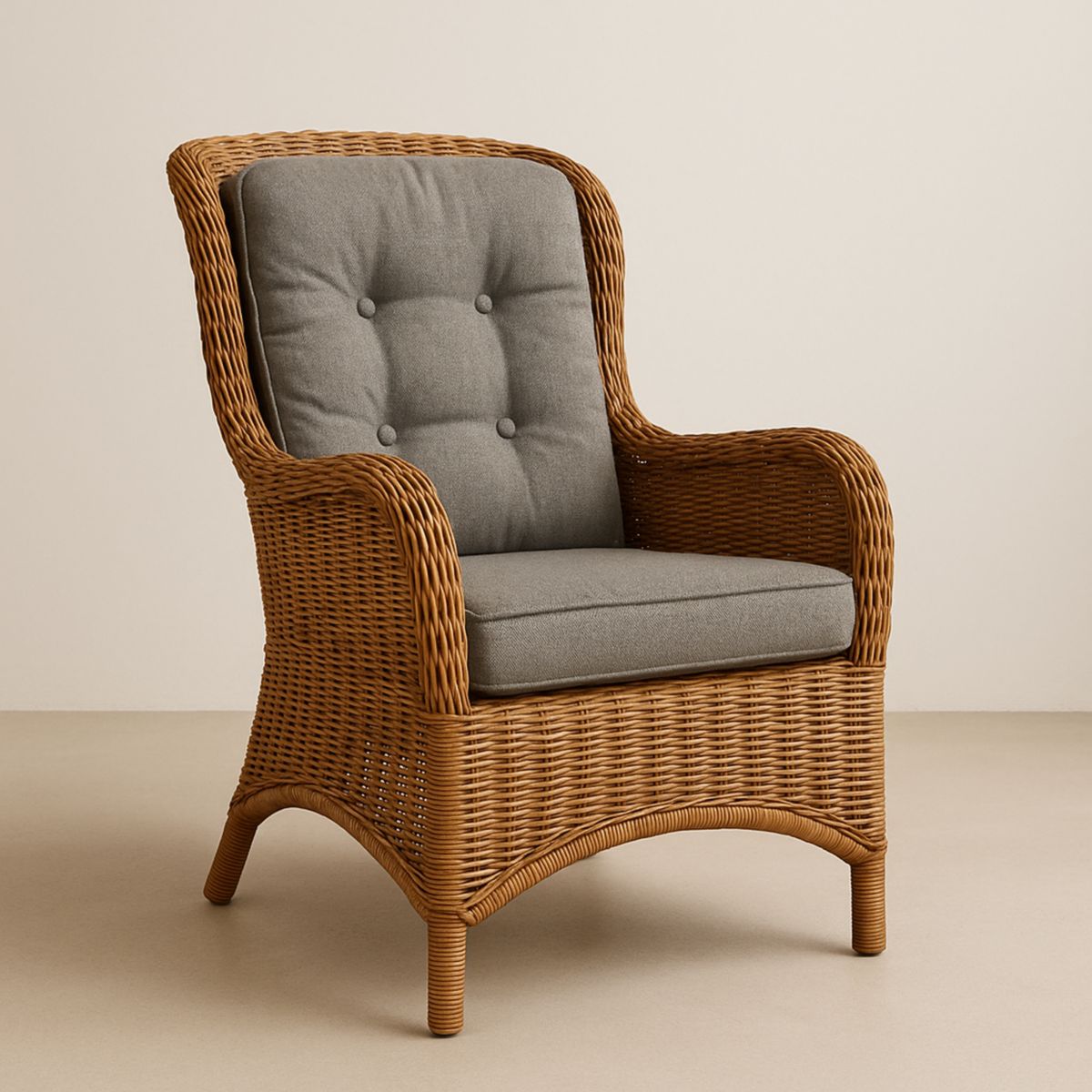 Rattansessel mit grauem Polyesterkissen 75 cm x 80 cm x 100 cm