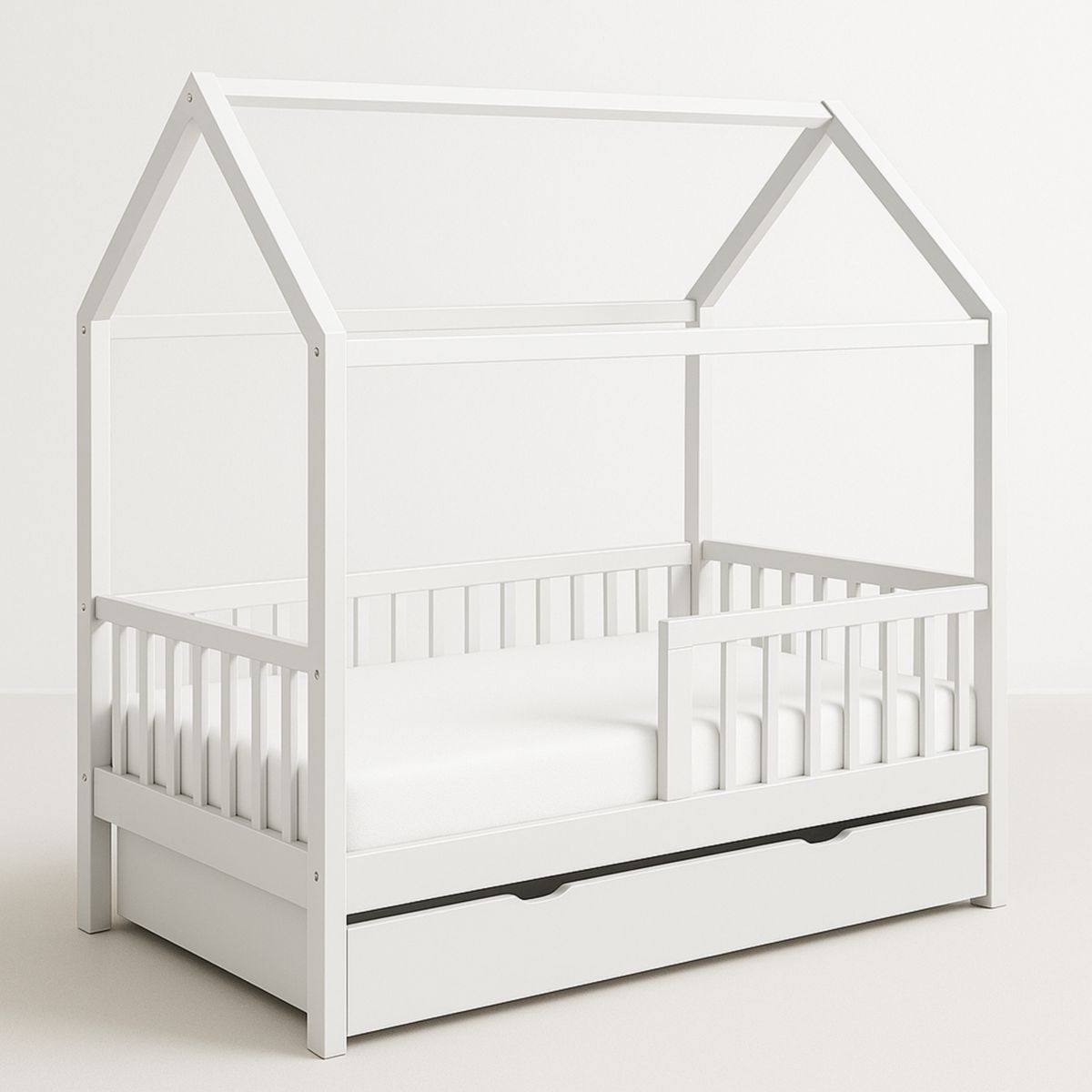 Kinderbett Hausform Holz Weiß mit Schublade 160x80 cm