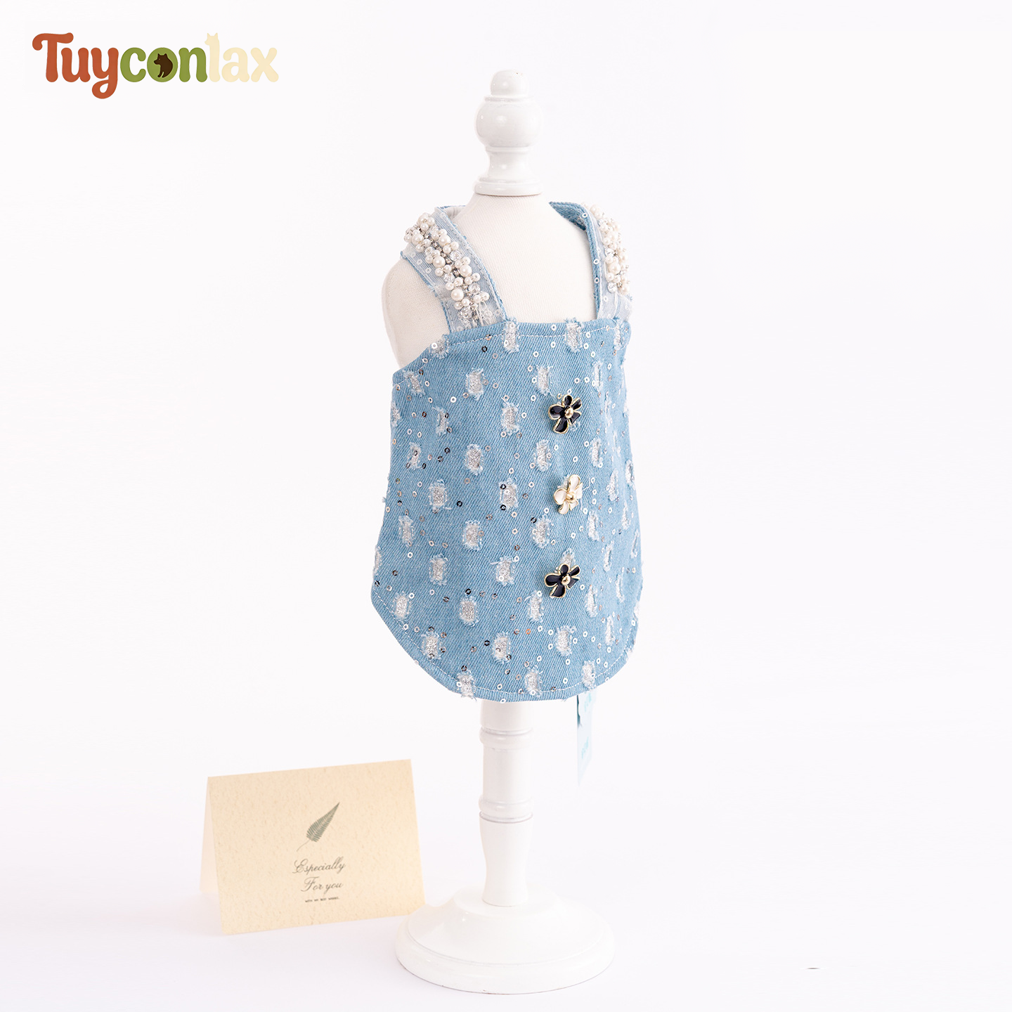 Luxurious light blue tweed dog dress | Haute couture boutique small dog clothing