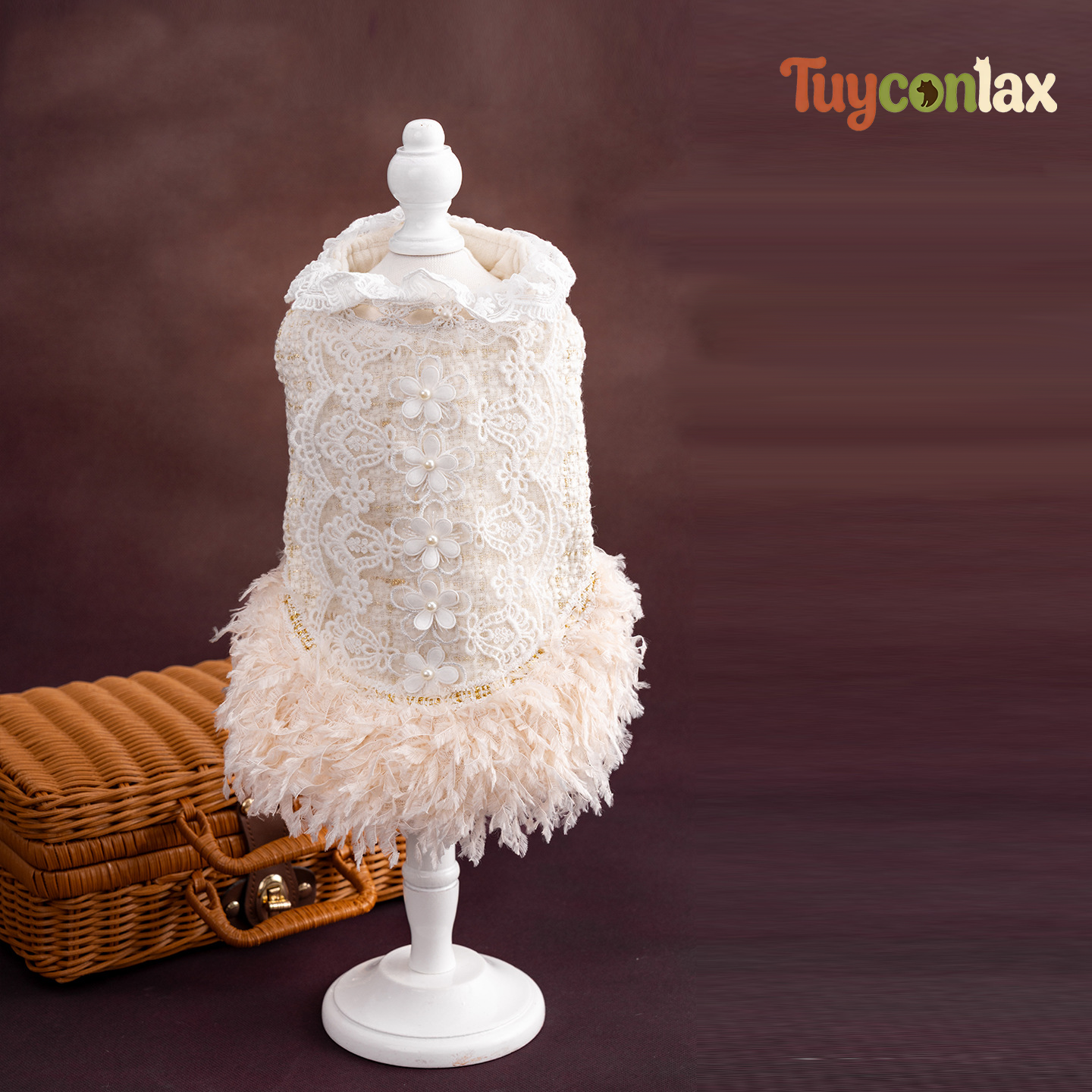 Luxury Lace Pearl Dog Gown | French Haute Couture Winter Princess Dress for Small Breed Dogs