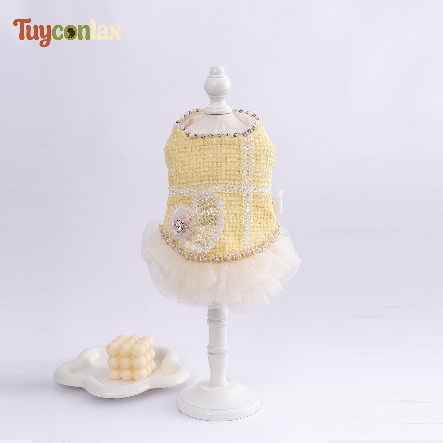Yellow Tweed Tulle Dog Dress | Spring French Inspired Princess Gown for Small Dogs