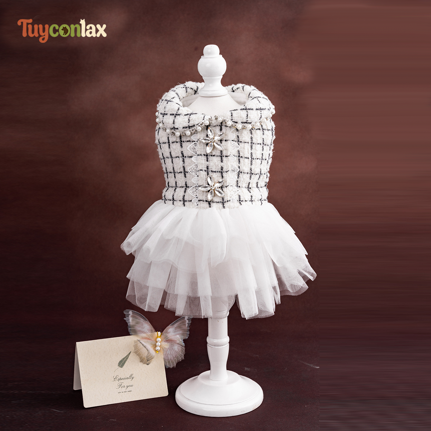 White Tweed Tulle Dog Dress | Winter French Luxury Princess Gown for Small Breed Dogs