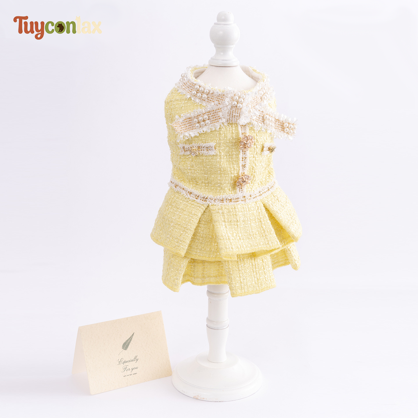 Butter Yellow Tweed Dog Dress | French Luxury Winter Layered Skirt for Small Dogs
