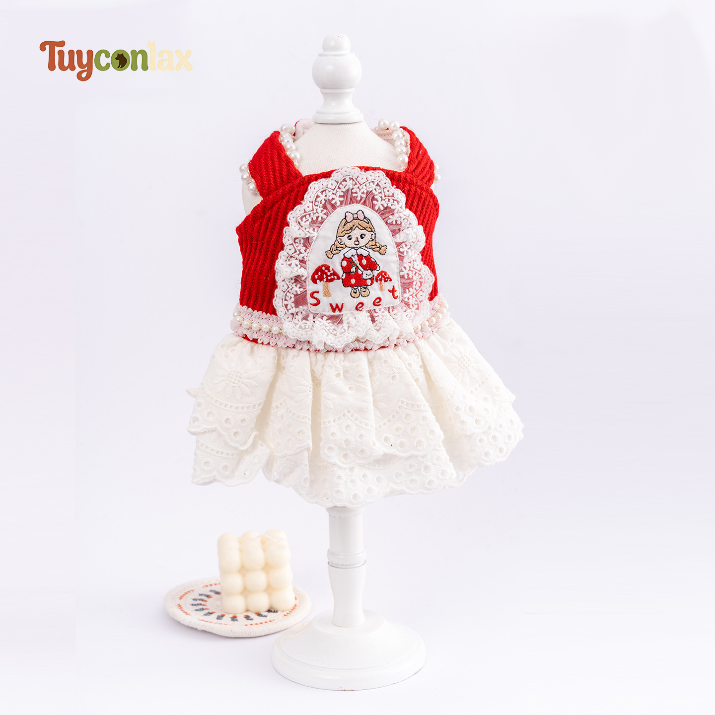 Red Knit Lace Dog Slip Dress | Fall Winter Cartoon Print Pet Princess Tutu Gown
